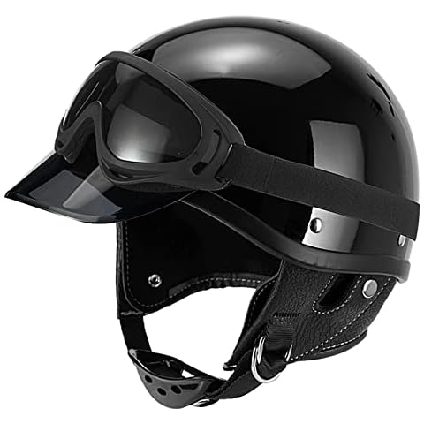 Vintage Open Face Motorcycle Half Helmet DOT ECE Approved Adult Men Women Retro Half Face Helmet with UV Visor & Goggles,Bike Moped Scooter Motorbike Helmet,Bright Black,S Cover