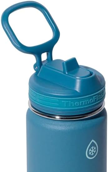 ThermoFlask Leakproof Straw Bottle, 16 fl oz, Double-Wall Vacuum Insulated, 18/8 Stainless Steel, Glow in the Dark Bumper,Green&Blue, Set of 2