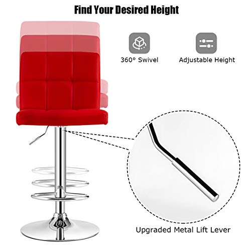 Costway Bar Stool, Comfortable Swivel Adjustable Pu Leather Bar Chair With Backrest, Soft Cushioned Seat, Footrest, Sturdy Metal Frame, Barstools For Kitchen, Pub (Red, Set Of 2) #TOP27