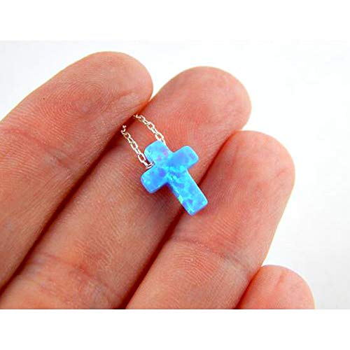 ZS Blue Opal Cross Pendant Choker Necklace Sterling Silver Charming Collar Necklace2