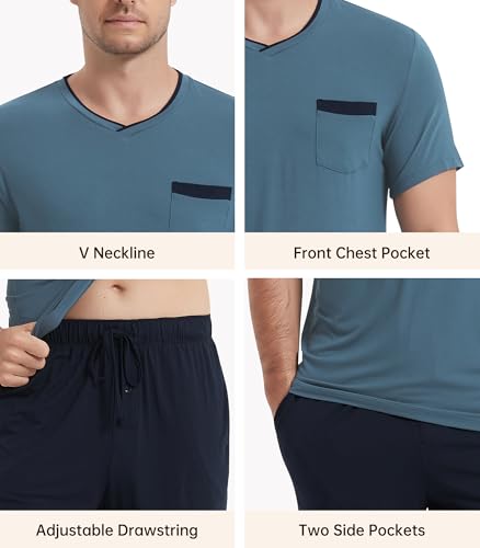Image of NACHILA Men's Pajamas Set-Viscose Made from Bamboo, Short Sleeve Sleepwear Soft Pjs with Shorts V Neck Loungewear Sets