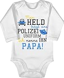 Baby Body langarm Mädchen Junge - Sprüche - Mein Held trägt eine Polizeiuniform - Polizist Geschenk zur Geburt - 3/6 Monate - Weiß - babygeschenke spruch dad babybody babygeschenk spruche papa