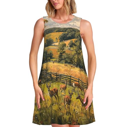 EnkzpoHen Vestido casual sin mangas con estampado de granja con ciervos para mujer, con bolsillos, vacaciones, trabajo y uso diario, Negro, M
