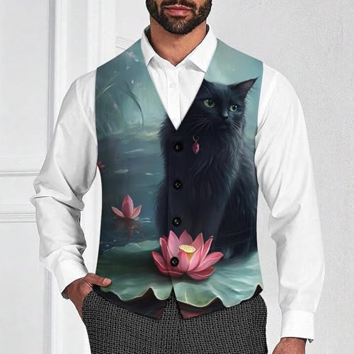 Black Cat Lily Lotuses Flowers Men's Suit Vests Business Formal Dress Vest V-Neck Waistcoat for Wedding Casual2