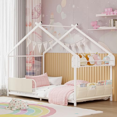 Timy House Shape Twin Size Montessori House Bed Metal Floor Bed with Storage Rack and Caddy Twin...