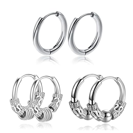 SCJJZ pendientes redondos hombre, bisuteria mujer, piercing oreja, aro plata vintage con pasadores de personalidad (3 pares)