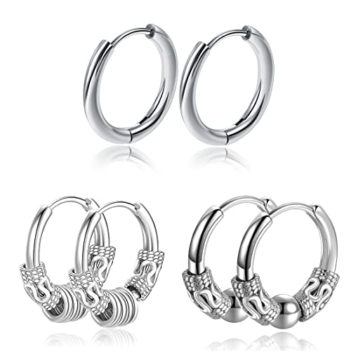 SCJJZ pendientes redondos hombre, bisuteria mujer, piercing oreja, aro plata vintage con pasadores de personalidad (3 pares)