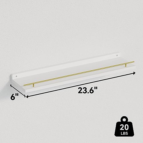 WOPITUES Floating Shelves 24 inch with Gold Metal Guardrail, Shelves for Wall Decor Set of 3, Wall Shelves for Bedroom, Bathroom, Kitchen, Living Room, Plants, Picture Frames, Art- White and Gold - Thumbnail 3