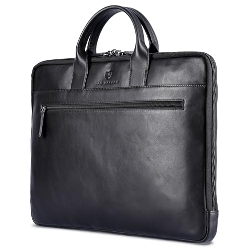 VON HESSEN Laptoptasche aus echtem Nappa-Leder bis 16 Zoll - Aktentasche Herren & Damen - Luxuriöse Echtleder Arbeitstasche für Büro & Alltag - Laptop Hülle in Schwarz Glatt