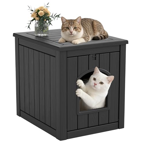 Image of Cat Litter Box Enclosure, Feral Outdoor Cat Enclosure Weatherproof for Winter Outside, Cat Litter Box Furniture Fit Litter Box, Sturdy Resin Shelter for Living Room, Easy to Assemble, Black