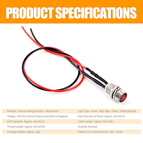 Image of Keenso 4 Pcs 12V LED Pilot Light, 8mm Indicator Lamp Car Van Boat Indicator Light Pilot Dash Bulbs Directional Lamp(Red)