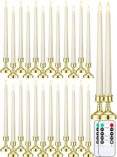 Image of 24 Pcs Flameless Taper Candles with Holders Remote Timer Battery Operated Candles Bulk LED Candlesticks Flickering for Valentines Wedding Home Window Carnival Party Decor(Gold,Classic Style)