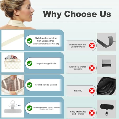 Image of YFWE Clip and Go Strap for Phone with Wallet Crossbody, Adjustable Phone Lanyard with Detachable RFID Wristlet Wallet, Phone Strap with Phone Tabs for All Phones, Cream Checkered (L)
