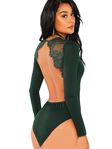 DIDK Women's Sexy Backless Lace Appliques Long Sleeve Bodysuit Green Medium