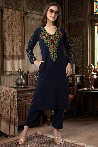 Image of Rosary Women's Woolen Winter Embroidered Kurta with Palazzo Pant | Warm Ethnic Suit Set - 2 Piece Outfit