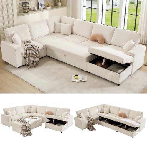 130" Sectional Couches for Living Room,Sectional Couch with Storage,Beige