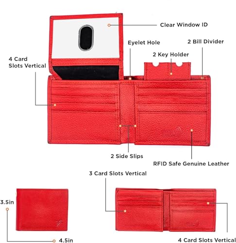 J T C JUZAR TAPAL COLLECTION Genuine Leather RFID Blocking Bifold Wallet for Men, Stylish Bifold, Flip-up Window ID Eyelet Hole for Biker Chain (J521BF, Red)2