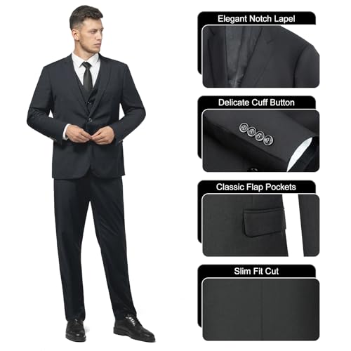 3 Pieces Mens Suit Slim Fit Suits, Two Button Notch Lapel Jacket Vest Pants for Party, Wedding and Business Black3