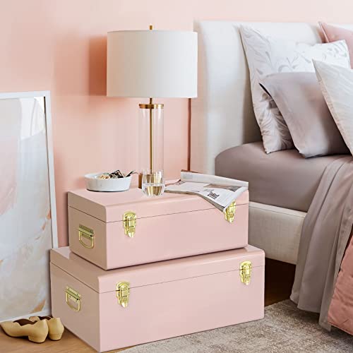 Image of Vixdonos Metal Trunks College Dorm Steel Chests Decorative Storage Box Set of 2 Bedroom Organizer for Home Decor,23.7X14.2X9.5 Inches(Pink)
