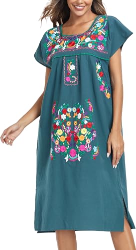 Image of YZXDORWJ Women Mexican Embroidered Long Dress Ruffle Collar Maxi Boho Floral Summer Short Sleeve