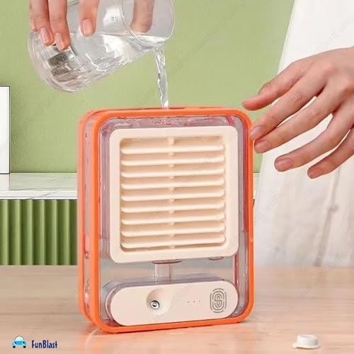 Image of FunBlast Portable Mist Fan - USB Rechargeable Mini Desk Fan with Water Spray, Cooling Table Fan for Travel, Office, Makeup & Outdoor Use (Orange)