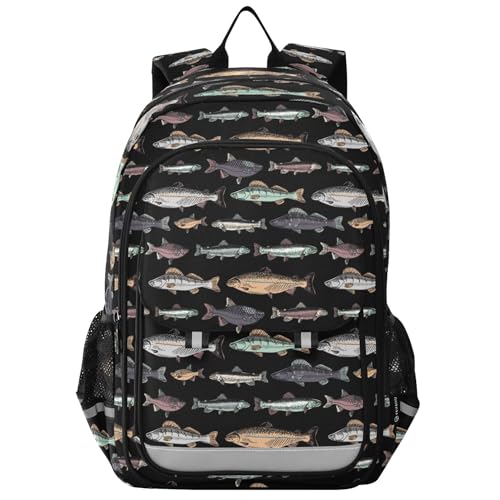 Fisyme Vintage Fish Black School Backpack Laptop Backpacks Bags Bookbag Travel Casual Computer Notebooks Daypacks
