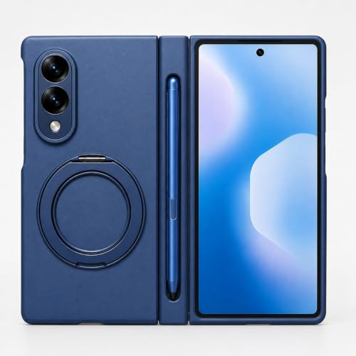 Image of amazon basics Armor Case for Samsung Galaxy Z Fold 8 with 360 Rotating Ring Stand, Built-in Screen Protector, Hinge Protection, and Included Stylus Pen (Matte Blue)