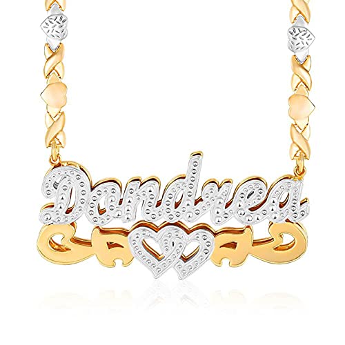 BlingSparkle Double Plated Nameplate Necklace Custom Heart Necklace with XOXO Chain Personalized Two Tone Gold and Silver Custom Name Necklace for Women Teen Jewelry Gift with Letters
