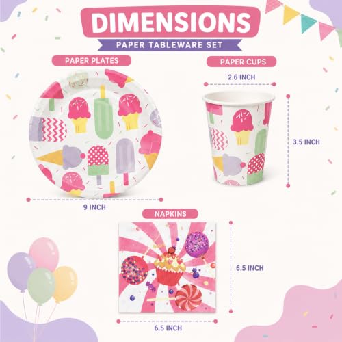 Image of Rozi Decoration 30 Pcs Ice Cream & Candy Theme Party Supplies - Includes 10 Dessert Plates, 10 Paper Cups, 10 Napkins - Fun & Colorful Birthday Party Tableware Set | Ice Cream Theme Birthday Supplies