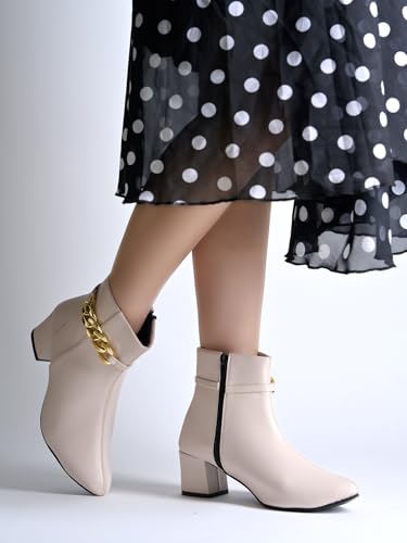 Image of Shoetopia Women's Synthetic Leather Ankle Boots - Stylish Block Heel Zip Closure Boots with Golden Buckle Detail for Casual & Party Footwear