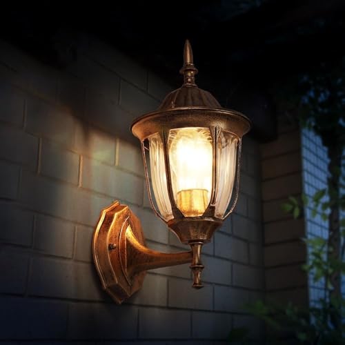 Image of WHITERAY Golden Aluminium Die Cast Outdoor Wall Light Lantern Waterproof Lighting Fixture Lamp with Clear Glass Panels Antquei Finish Perfect for Farmhouse, Muesum, Garden, Entryway (Without Bulb)