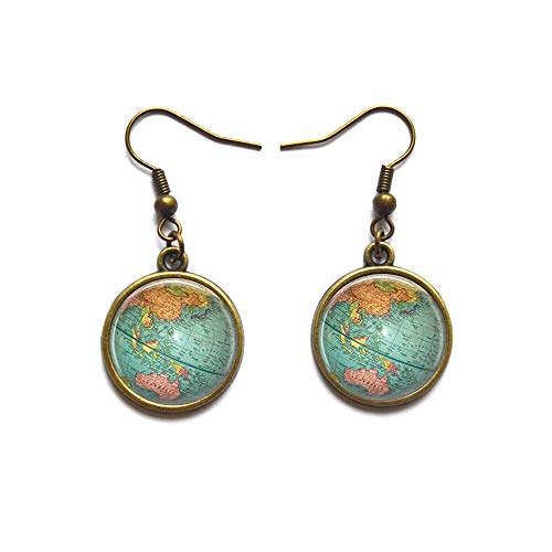 Beautiful Globe Stud Earrings Planet Earth World Map Art Earrings in Bronze or Silver with Link Chain Included.D0011