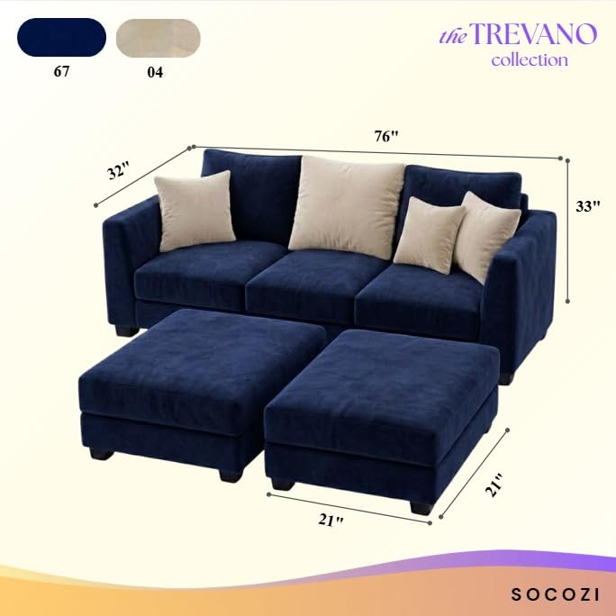 Image of SOCOZI Trevano 5 Seater L Shape Sofa Set with 2 Movable Ottomans | Flexible Layout| Soft Velvet Suede Fabric|Modern Sofa | Plush Comfort Cushions for Living Room (Cream-Dark Blue)