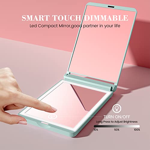 [2023 Latest] Travel Mirror With Light, 1X/3X Magnification Lighted Pocket Mirror, Touch Switch Compact Mirror With Led Light, 2-Sided, Portable, Folding, Handheld, Small Compact Mirror (Cyan) #TOP4