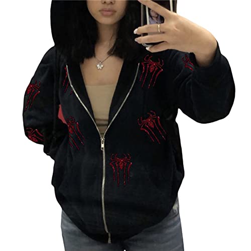 Men Women's Y2K Rhinestone Zip Up Hoodies Skeleton Graphic Hooded Sweatshirt Spring Fall Jacket