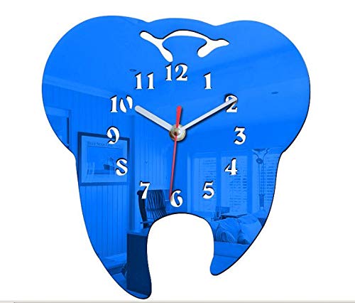 Easyinsmile Modern Minimalist Wall Clock Tooth-Shaped Acrylic Mute Dental Decoration Ornament Wall Clock Creative Mirror Wall Clock (Blue)