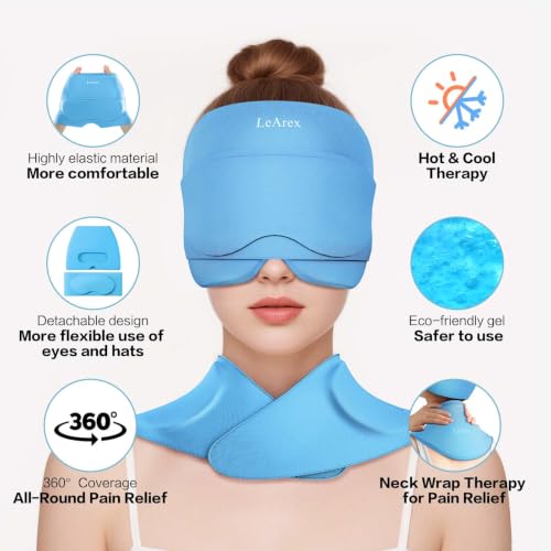 Image of 3 in 1 Migraine Relief Cap Neck Ice Pack Wrap Gel and Ice Eye Masks, Detachable Ice Caps with Eyes Masks, Hot and Cold Therapy for Relief of Headaches, Stiff Neck and Eye Fatigue (Sky Blue)