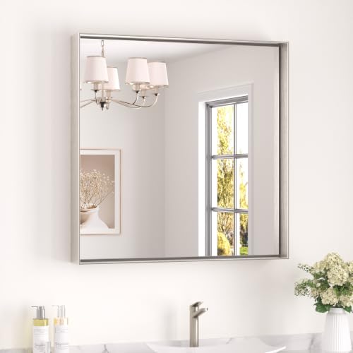 Image of Keonjinn 30x30 Inch Brushed Nickel Bathroom Mirror for Over Sink, Rectangle