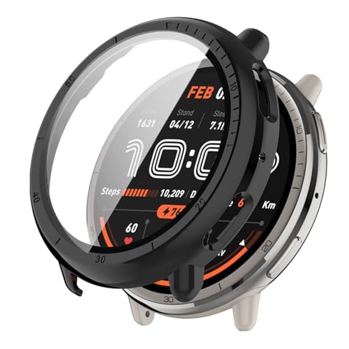 Amazfit Active 2 (Round) 44mm �p �P�[�X �ی�J�o�[ �K���X�t�B���� ��̌^ �h�� �h�o �t�B���� �ی�t�B�����yHUKWIMO�z 3D�S�ʕی� �w��h�~ HD�����ߗ� ���ɋ��� �C�A�[�� �ɔ� �������� ���˒ጸ (�u���b�N