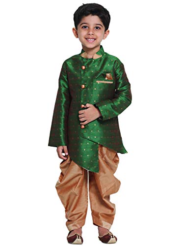 Image of JBN Creation Light Blue Cotton Silk Blend Boys Indo Wstern Style Sherwani Set