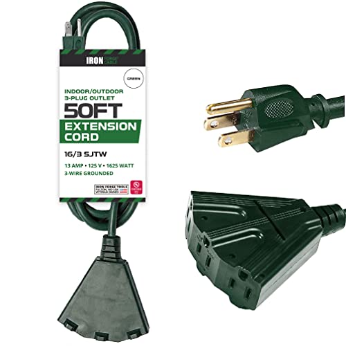 50 Foot Outdoor Extension Cord With 3 Electrical Power Outlets - 16/3 Sjtw Durable Green Cable With 3 Prong Grounded Plug For Safety - Great For Powering Outdoor Christmas Decorations #TOP7