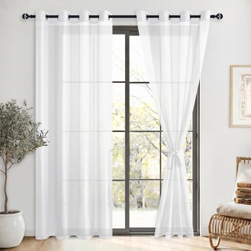 DWCN Lot de 2 Rideaux Voilages Blanc à Oeillets pour Chambre Salon Decoration de Porte Fenetre, Rideau Courts Semi-Transparent Intérieurs, 140x240cm (Largeur...
