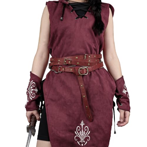 Image of HiiFeuer Medieval DIY Faux Leather Metal Chain Belt, Vintage Adjustable Thin Belt For Women, Retro Skinny Belt For Dresses (Red A)