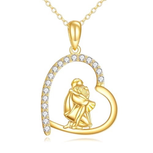 DOVRAN 14K Solid Yellow Gold Father Daughter Necklace Dad Pendant Dainty Real Gold Jewelry Gifts for Her 16”-18”