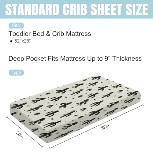 Image of Boho Cactus Baby Crib Sheet 52''x28'' Retro Black Golden Cactus Fitted Crib Mattress Cover Wild Cactus Soft Baby Sheet for Boy Girl Western Plants Nursery Bedding for Standard Crib Toddler Mattress