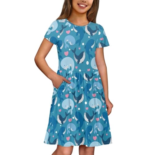 Girls Summer DressCrew Neck Sundress Casual Short Sleeve Midi Dress with Pockets for 2-14 Years4
