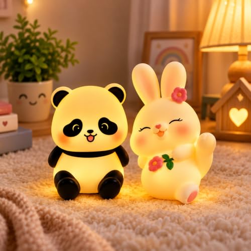 Image of Cubbie Shy Panda & Lovely Bunny Night Light Combo for Kids, 2 PCS PVC Warm Light, Battery Operated Cute Bedside Lamps (Shy Panda Lovely Bunny)