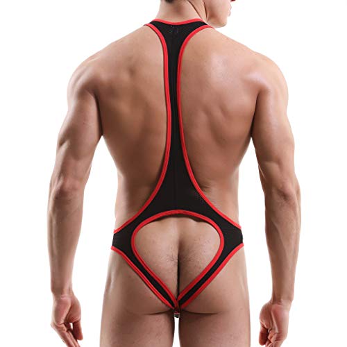 QIBOOG Men Jockstrap Wrestling Singlet Leotard Underwear Suspenders Singlet Bodysuit Mesh See Through One-Piece Jumpsuit(Dark Blue,S)