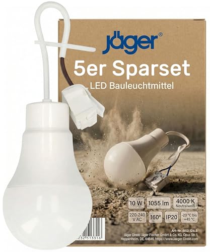 JÄGER 5x LED Bauleuchtmittel Baufassung mit Leuchtmittel Baustellenlampe Baulampe Renovierlampe ersetzt E27 Fassung & Lampenfassung E27 mit Kabel 10W 4000K Neutralweiß Bruchsicher