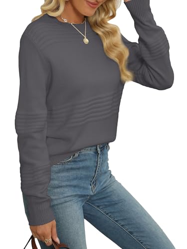 Image of Womens Long Sleeve Tops Fashion 2024 Round Neck Sweaters Ribbed Knit Pullover Sweaters Gray L